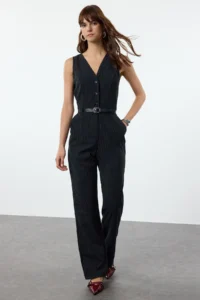 TRENDYOLMİLLA Navy Blue Arched Striped LONG Jumpsuit - Image 2