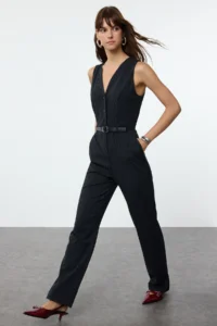 TRENDYOLMİLLA Navy Blue Arched Striped LONG Jumpsuit - Image 3