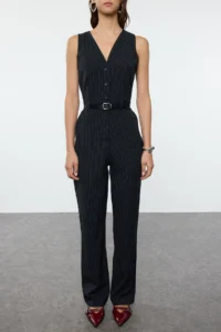 TRENDYOLMİLLA Navy Blue Arched Striped LONG Jumpsuit - Image 4