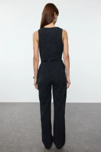 TRENDYOLMİLLA Navy Blue Arched Striped LONG Jumpsuit - Image 6