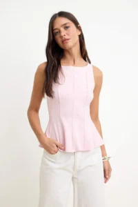TRENDYOLMİLLA Pink peplum/Waisted Boat Neck Flexible Knitting Blouse