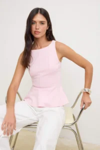 TRENDYOLMİLLA Pink peplum/Waisted Boat Neck Flexible Knitting Blouse - Image 2