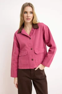 TRENDYOLMİLLA Pink Ribbed Velvet Yaka Detailed DENIM Shirt Jacket - Image 2