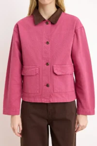 TRENDYOLMİLLA Pink Ribbed Velvet Yaka Detailed DENIM Shirt Jacket - Image 3