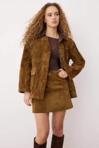 TRENDYOLMİLLA Camel Collar Leather Detailed Suede Look Oversized DENIM Jacket