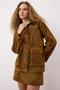 TRENDYOLMİLLA Camel Collar Leather Detailed Suede Look Oversized DENIM Jacket - Image 3