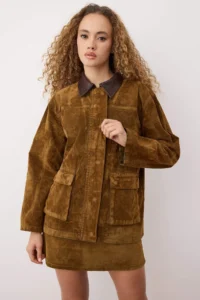 TRENDYOLMİLLA Camel Collar Leather Detailed Suede Look Oversized DENIM Jacket - Image 4