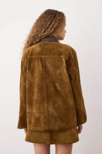 TRENDYOLMİLLA Camel Collar Leather Detailed Suede Look Oversized DENIM Jacket - Image 5