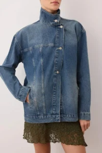 TRENDYOLMİLLA Mavi Double breasted Kapama Dog collar DENIM Jacket - Image 3