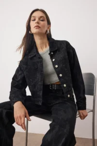 TRENDYOLMİLLA Black Suede Look Basic DENIM Jacket - Image 3