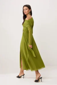 TRENDYOLMİLLA Oil Green Accessory Detailed Lined Tulle Asymmetric Yaka slit Maxi Knitting Dress - Image 3