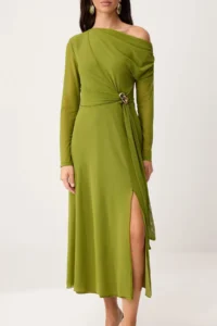 TRENDYOLMİLLA Oil Green Accessory Detailed Lined Tulle Asymmetric Yaka slit Maxi Knitting Dress - Image 4