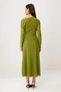 TRENDYOLMİLLA Oil Green Accessory Detailed Lined Tulle Asymmetric Yaka slit Maxi Knitting Dress - Image 5