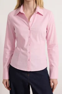 TRENDYOLMİLLA Wardrobe Essentials Pink Hafif Waist Fitting Cotton Weaving Shirt - Image 2