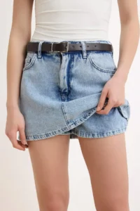TRENDYOLMİLLA Light Blue Belt Detailed DENIM Shorts Skirt with Skirt Look on the Back - Image 3