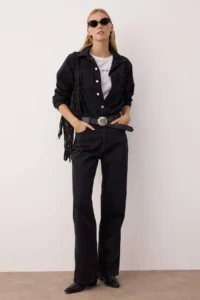 TRENDYOLMİLLA Black Shirt Collar Wide Leg DENIM Jumpsuit - Image 2