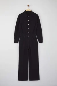 TRENDYOLMİLLA Black Shirt Collar Wide Leg DENIM Jumpsuit - Image 5