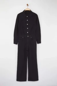 TRENDYOLMİLLA Black Shirt Collar Wide Leg DENIM Jumpsuit - Image 8