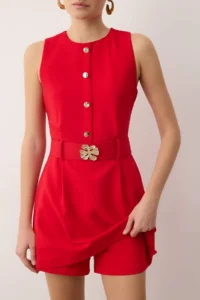 TRENDYOLMİLLA Red Belt Detailed Weaving Jumpsuit - Image 3