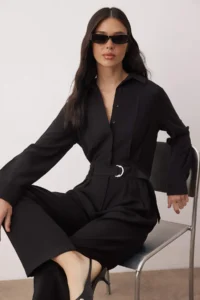 TRENDYOLMİLLA Black Shirt Collar Draped Pipe Both Jumpsuit