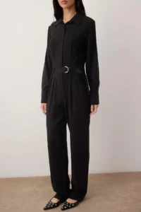 TRENDYOLMİLLA Black Shirt Collar Draped Pipe Both Jumpsuit - Image 3