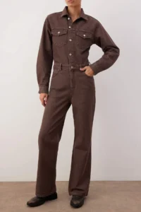 TRENDYOLMİLLA Brown Shirt Collar buttoned with pocket DENIM Jumpsuit - Image 3