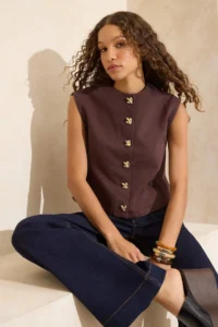 TRENDYOLMİLLA Special Collection Brown Button Detailed DENIM Vest - Image 2