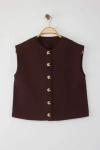 TRENDYOLMİLLA Special Collection Brown Button Detailed DENIM Vest - Image 5