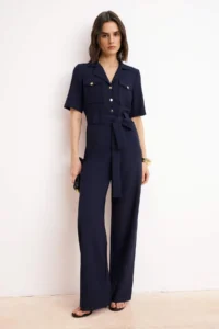 TRENDYOLMİLLA Navy Blue Belted Shirt Collared Buttoned Pipe Both Weaving Jumpsuit