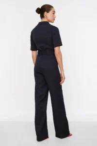 TRENDYOLMİLLA Navy Blue Belted Shirt Collared Buttoned Pipe Both Weaving Jumpsuit - Image 10