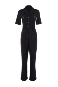 TRENDYOLMİLLA Navy Blue Belted Shirt Collared Buttoned Pipe Both Weaving Jumpsuit - Image 11