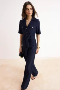 TRENDYOLMİLLA Navy Blue Belted Shirt Collared Buttoned Pipe Both Weaving Jumpsuit - Image 2