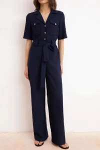 TRENDYOLMİLLA Navy Blue Belted Shirt Collared Buttoned Pipe Both Weaving Jumpsuit - Image 3