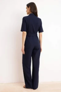 TRENDYOLMİLLA Navy Blue Belted Shirt Collared Buttoned Pipe Both Weaving Jumpsuit - Image 4