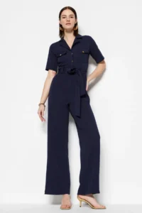 TRENDYOLMİLLA Navy Blue Belted Shirt Collared Buttoned Pipe Both Weaving Jumpsuit - Image 5