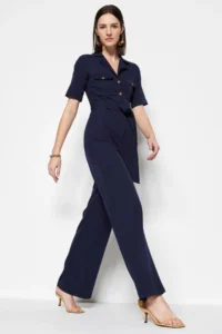 TRENDYOLMİLLA Navy Blue Belted Shirt Collared Buttoned Pipe Both Weaving Jumpsuit - Image 6