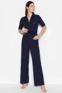 TRENDYOLMİLLA Navy Blue Belted Shirt Collared Buttoned Pipe Both Weaving Jumpsuit - Image 7