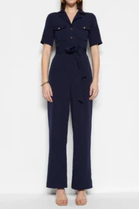 TRENDYOLMİLLA Navy Blue Belted Shirt Collared Buttoned Pipe Both Weaving Jumpsuit - Image 8