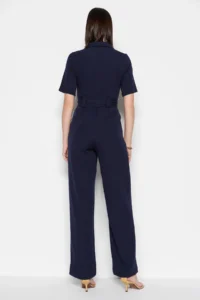 TRENDYOLMİLLA Navy Blue Belted Shirt Collared Buttoned Pipe Both Weaving Jumpsuit - Image 9