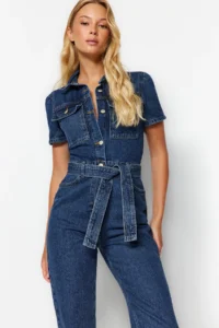 TRENDYOLMİLLA Mavi Arched DENIM Jumpsuit - Image 6