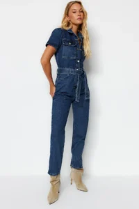 TRENDYOLMİLLA Mavi Arched DENIM Jumpsuit - Image 7