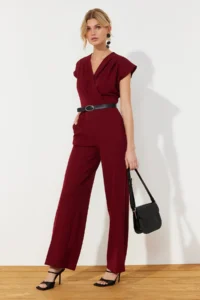 TRENDYOLMİLLA Burgundy Arched Double breasted Yaka Wide Leg Weaving Jumpsuit - Image 2