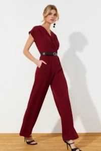 TRENDYOLMİLLA Burgundy Arched Double breasted Yaka Wide Leg Weaving Jumpsuit - Image 3