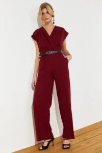 TRENDYOLMİLLA Burgundy Arched Double breasted Yaka Wide Leg Weaving Jumpsuit - Image 4