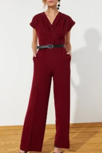 TRENDYOLMİLLA Burgundy Arched Double breasted Yaka Wide Leg Weaving Jumpsuit - Image 6