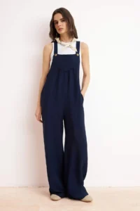 TRENDYOLMİLLA Navy Blue gilet Form linen look Plenty of Hem Weaving Jumpsuit