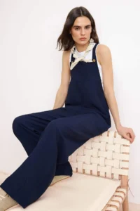 TRENDYOLMİLLA Navy Blue gilet Form linen look Plenty of Hem Weaving Jumpsuit - Image 2