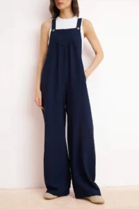 TRENDYOLMİLLA Navy Blue gilet Form linen look Plenty of Hem Weaving Jumpsuit - Image 3