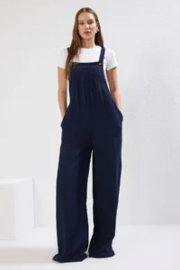 TRENDYOLMİLLA Navy Blue gilet Form linen look Plenty of Hem Weaving Jumpsuit - Image 5