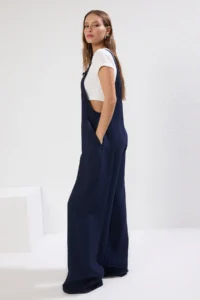 TRENDYOLMİLLA Navy Blue gilet Form linen look Plenty of Hem Weaving Jumpsuit - Image 6